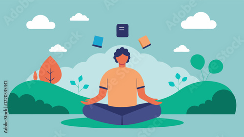 A person sitting in a peaceful outdoor setting surrounded by nature and using memory cards as a way to disconnect from technology and improve their brain health in a natural. Vector illustration