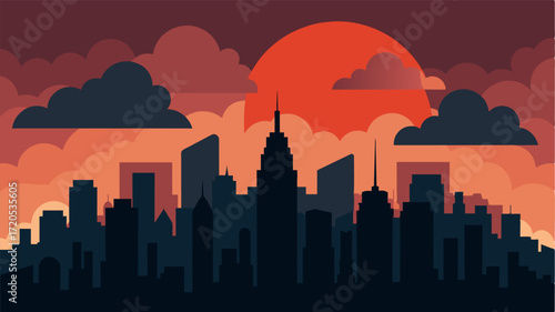 A sunset over a city skyline with dark clouds symbolizing the confusion and difficulty in processing thoughts and information.. Vector illustration