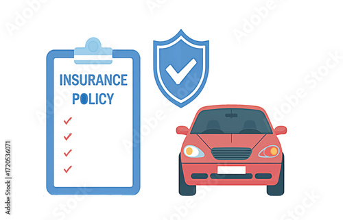 Car Insurance Policy on Clipboard with Shield and Red Car Secure Coverage