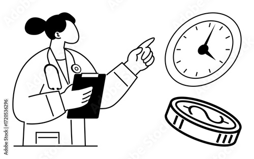 Medical worker holding clipboard, pointing to clock and coin to symbolize budgeting, scheduling, time management, healthcare planning, financial responsibility, resource optimization. Ideal