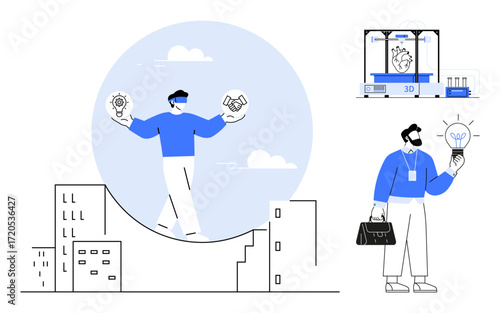 Man walking on graph holding icons for ideas and partnerships, 3D printer with heart design, another man inspecting lightbulb. Ideal for business, innovation, creativity, teamwork, leadership
