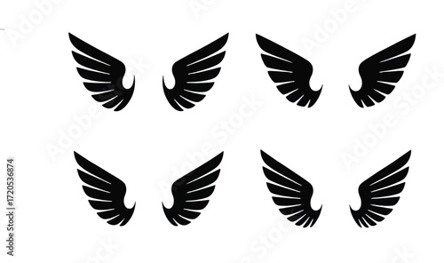 Collection of elegant black stylized wings, ideal for graphic design, logos, emblems, and visual branding projects, symbolizing freedom and aspiration