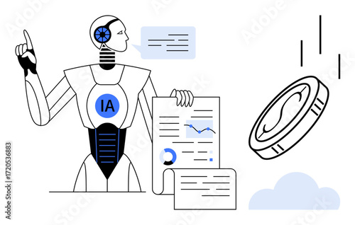 Robot labeled IA analyzing charts and data sheets under a coin. Ideal for AI, finance, automation, technology, future, innovation, research. A simple flat metaphor