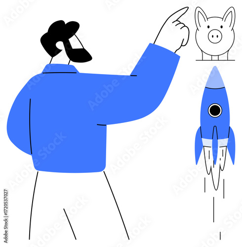 Man gesturing toward a piggy bank and rocket launch, mixing savings and ambitious growth. Ideal for finance, investment, entrepreneurship, innovation, goal-setting, budgeting, and progress as