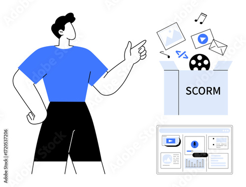 Man pointing to SCORM box containing images, music, video, email, and code icons digital platform shown below. Ideal for e-learning, content management, education, collaboration organization
