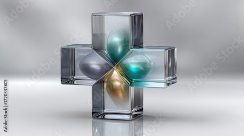A Stunning Art Piece Featuring a Cross Made of Glass in Soft Blue and Green Layers for Medical and Spiritual Themes