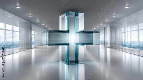 Exploring Modern Office Aesthetics with a Beautiful Glass Cross Art Piece in Soft Blue Green Tones