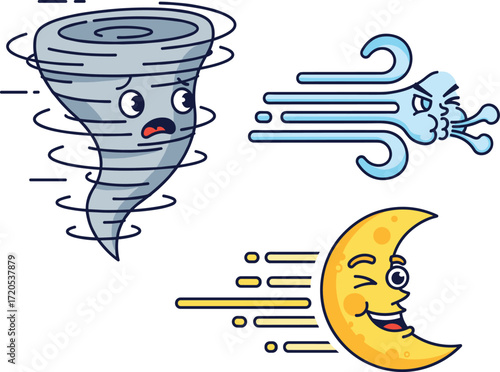 Cartoon weather icons tornado wind and moon with face