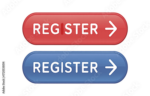 Red and blue glossy register buttons with arrows. Vector illustration for web design, user interface element for online signup, and subscription