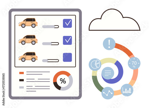 Cars listed with progress bars, checkboxes, and data graphs including pie chart and infographic rings. Ideal for vehicle management, fleet tracking, logistics, automotive analysis, technology, data