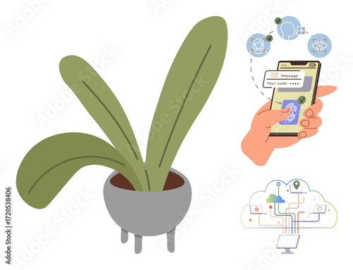 Green plant in pot, a hand holding smartphone monitoring plant via app, diagram of cloud integration with connections. Ideal for gardening, IoT, automation, nature, technology, health innovation
