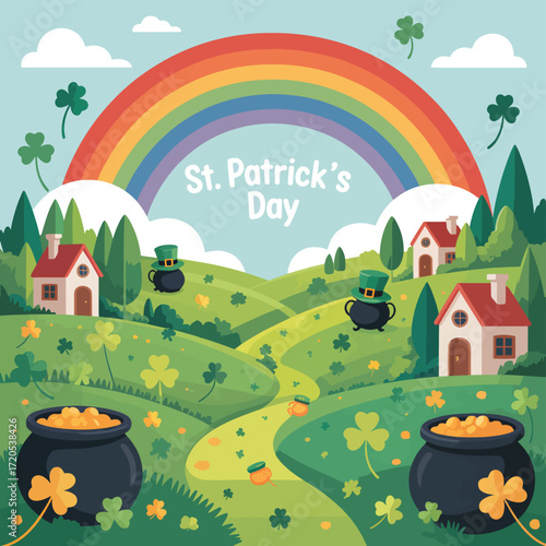 St Patricks Day Rolling Hills Rainbow Pot of Gold ireland