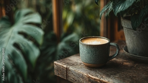 A cup of coffee sits on a wooden surface with green plants background.