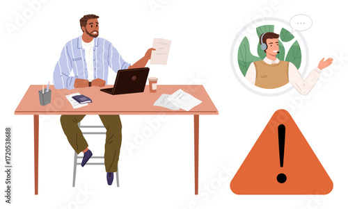 Office worker at desk reviewing document, virtual support agent on screen, and caution warning symbol. Ideal for teamwork, communication, customer service, problem-solving, deadlines, user support