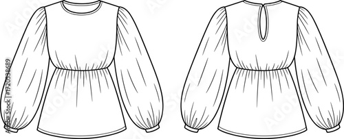 Women’s bishop sleeve blouse technical flat sketch, front and back view, fashion design vector, apparel illustration, garment construction, fitted waist, keyhole back