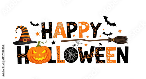 A festive happy halloween graphic featuring a witchs hat, a carved pumpkin, a broom, and bats isolated on transparent background