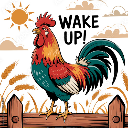 Colorful rooster perched on a fence in a sunny field calling out to wake up in the morning cartoon illustration 