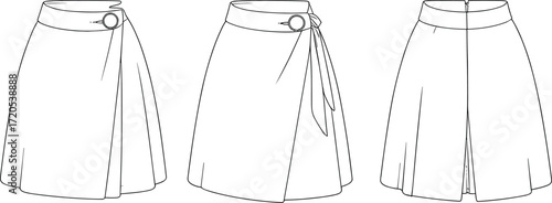 Three skirt designs technical flat sketch front and back views with waistband buckle, tie detail, pleat, fashion CAD vector illustration