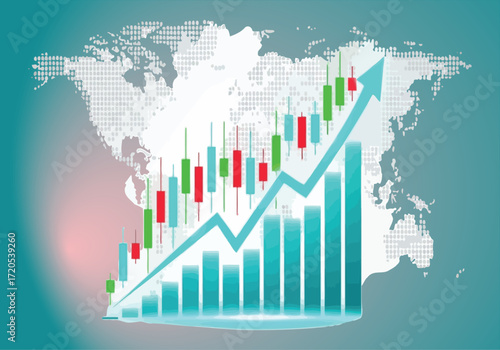 Financial stock market growth chart with world map background.