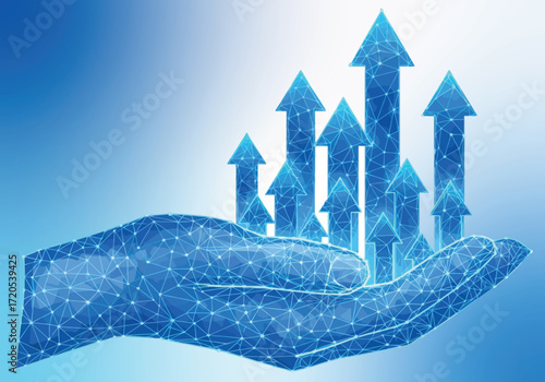 Polygonal hand holding rising arrows symbolizing growth.