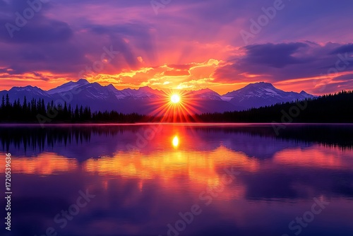 Mountain Lake Sunset Purple Hues Reflect Golden Sun Rays with Silhouette Trees