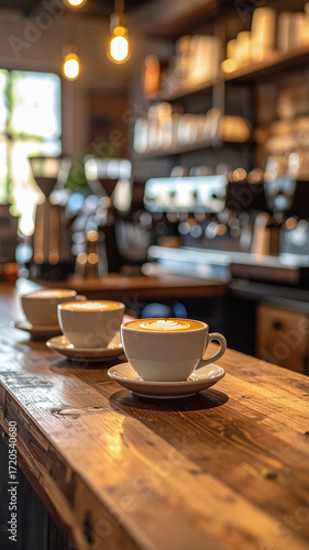 Two cups of latte art in black cups sit on wooden counter inside coffee shop atmosphere