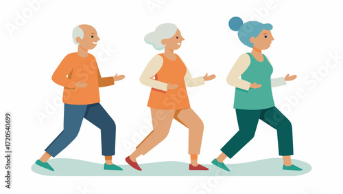 A group of seniors participating in a walking meditation focusing on their breath and surroundings as they take slow deliberate steps. This meditative practice can improve mood and. Vector