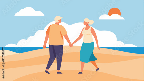 A senior couple walking hand in hand along a sandy beach breathing in the salty air and feeling the warm sun on their skin. The combination of movement and exposure to natural. Vector illustration