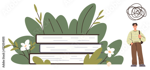 Stack of white books surrounded by lush green leaves and small flowers. Person stands with bag, suggesting study, learning, or reflection. Ideal for education, nature, self-growth, contemplation