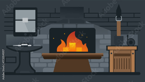 A minimalist laptop setup is tucked away in the corner of a blacksmiths rugged oldworld forge utilized for keeping track of orders and design ideas.. Vector illustration