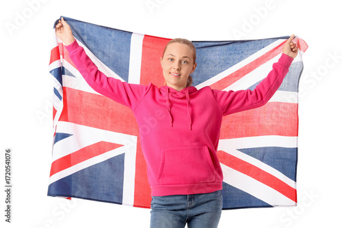 Young woman with UK flag on...