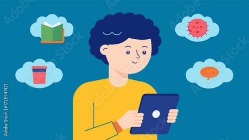A person using a tablet or smartphone to access memory attention and problemsolving exercises during their cognitive rehabilitation therapy session.. Vector illustration