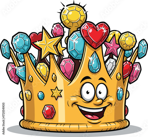 Whimsical cartoon crown adorned with colorful jewels and a happy face