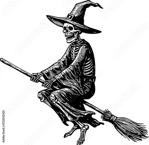 Skeleton Witch etching illustration