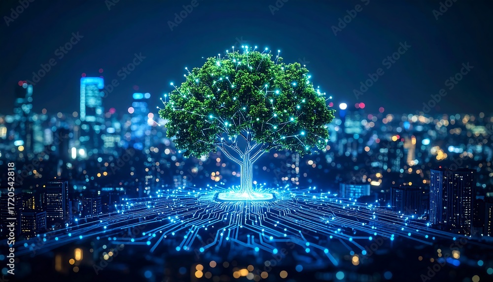 Fototapeta premium Digital Tree of Life Futuristic Tech Concept of Sustainable City Growth.