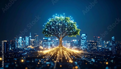 Digital Tree of Life Glowing Network Growing Above Cityscape at Night.