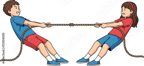 Children playing tug of war, boy and girl pulling rope, kids competition game, teamwork challenge, outdoor activity, cartoon illustration, sports fun