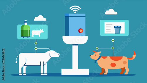 A smart feeding system that dispenses individualized diets for animals based on their health needs as monitored and tracked through IoT technology.. Vector illustration