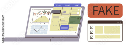 Laptop screen with charts, task management board, and a red FAKE alert. Checklist window open. Ideal for productivity, analytics, project monitoring, fact-checking, caution digital work simple flat