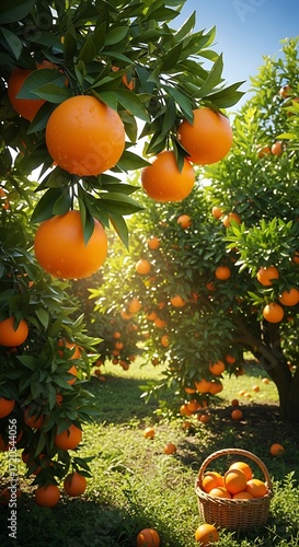 Lush orange grove, ripe citrus fruits hang heavy on branches, bathed in sunlight, a wicker basket filled with oranges sits among the vibrant green foliage.