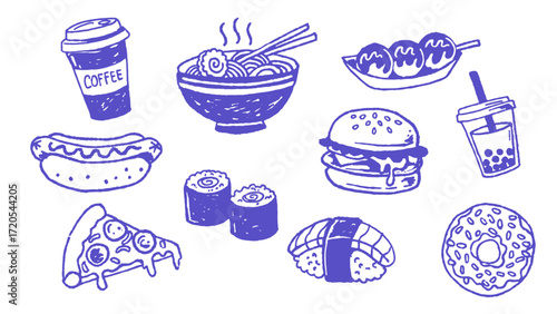 A collection of blue, hand-drawn doodle illustrations featuring various popular foods and drinks like ramen, pizza, sushi, and coffee.