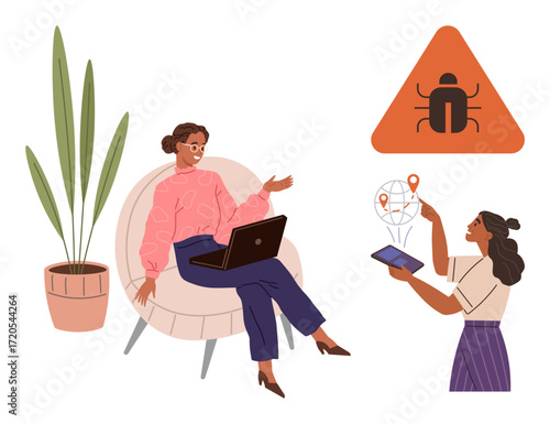 Two women engaging in problem-solving one with laptop, other with tablet analyzing map and bug alert. Ideal for teamwork, cybersecurity, technology, data analysis, strategy, risk management, simple