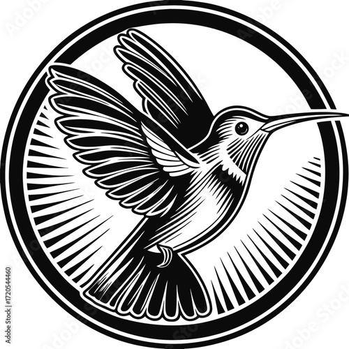 A bold vintage-style hummingbird illustration in a circular frame. Perfect for bird lovers, nature fans, tattoo-style art fans, and minimalist graphic apparel.