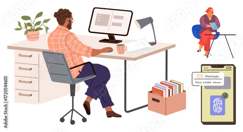 Man focused on work at desk with desktop monitor, files, coffee mug, phone showing fingerprint login. Background woman seated at table with tablet. Ideal for work, security, productivity, technology