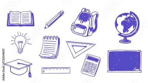 A collection of hand-drawn school supplies and educational icons in a purple sketch or doodle style.