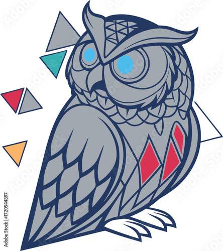 A modern geometric owl illustration with bold lines and vibrant shapes. Perfect for t-shirts, posters, stickers, and gifts for owl lovers and nature fans.