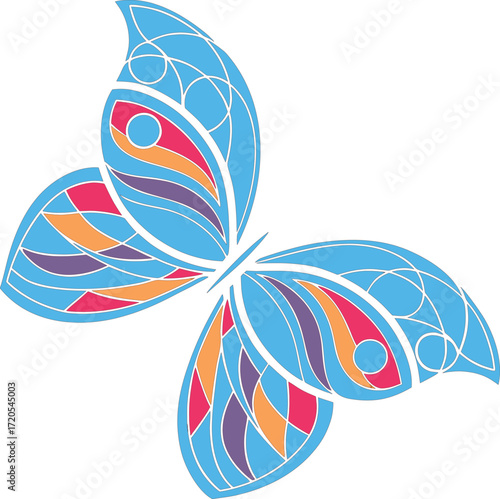 Vibrant abstract butterfly artwork with flowing geometric patterns and bright colors. Ideal for modern decor, prints, logos, apparel, stickers, and creative branding projects.