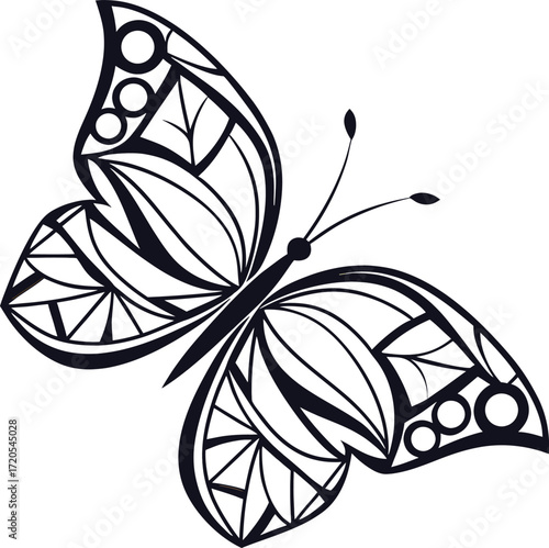 Elegant black and white butterfly line art with detailed wings, perfect for tattoos, coloring pages, minimalist wall art, apparel prints, decals, and modern graphic designs.
