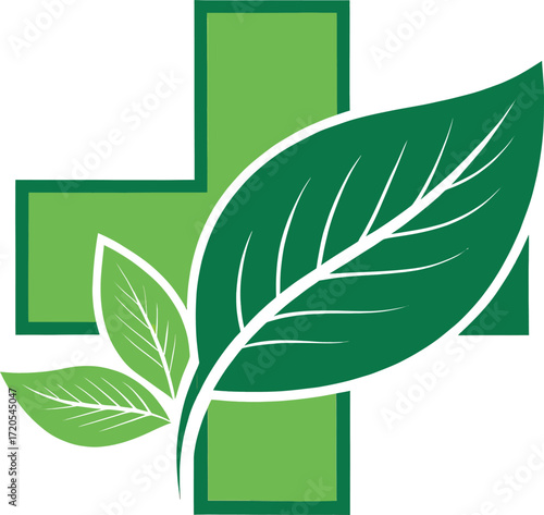 A clean herbal medical cross design featuring green leaves, perfect for pharmacies, natural health brands, wellness clinics, herbal products, and eco-friendly medical logos.