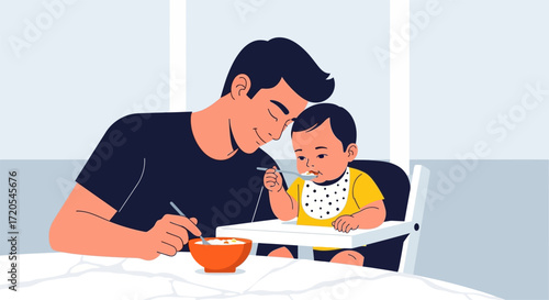 Caring Father Feeding His Baby in a High Chair, Modern Fatherhood Concept, Flat Vector Illustration of a Dad and Child During Mealtime